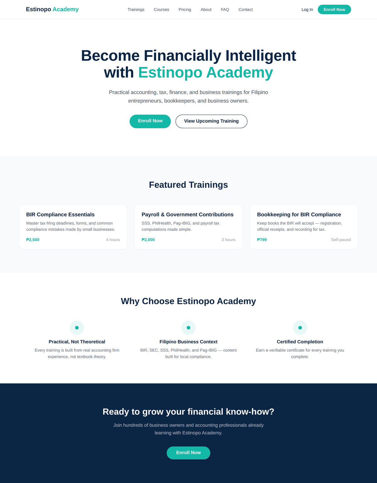 Estinopo Academy online learning platform home page