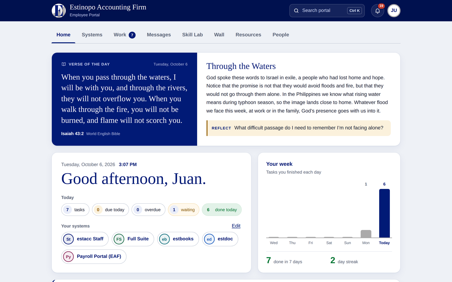 Estinopo employee portal home screen with the day's work and daily devotion