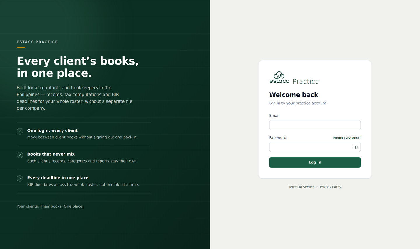 estacc Practice login — every client's books in one place