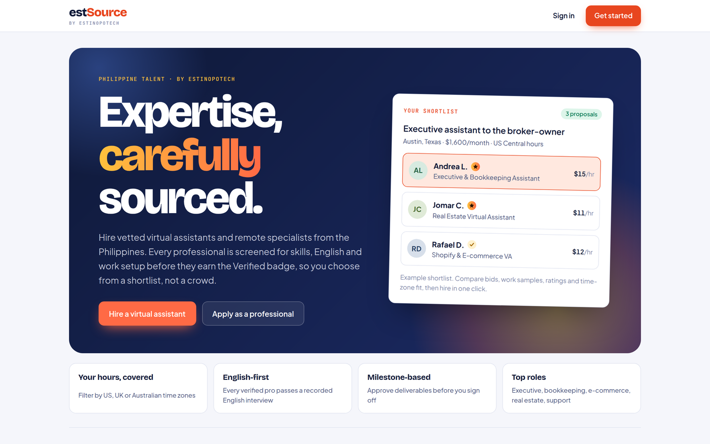 estSource marketplace — shortlist of vetted virtual assistants