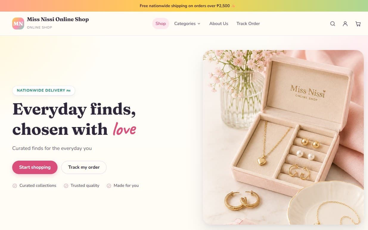 Miss Nissi online shop home page